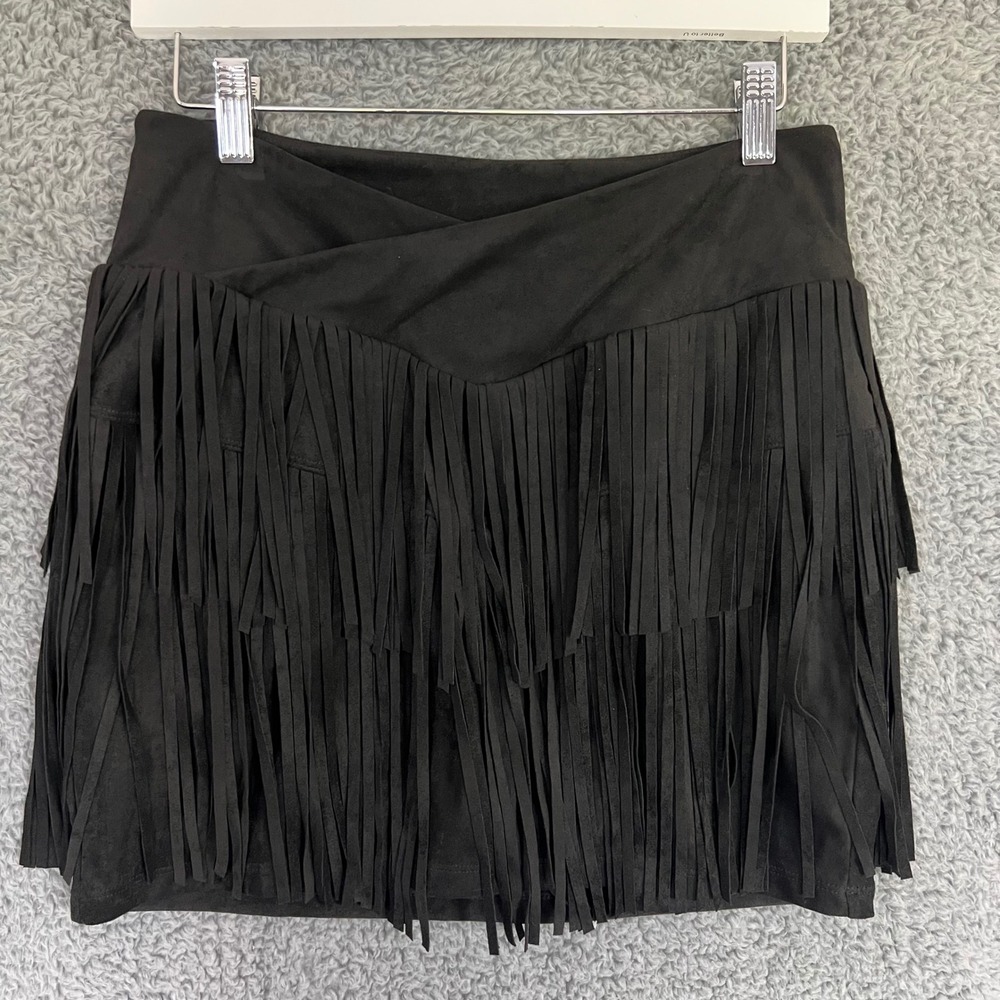Halara Black Fringe Skirt Skort M Crossover Waist Faux Suede Western Mini Shorts